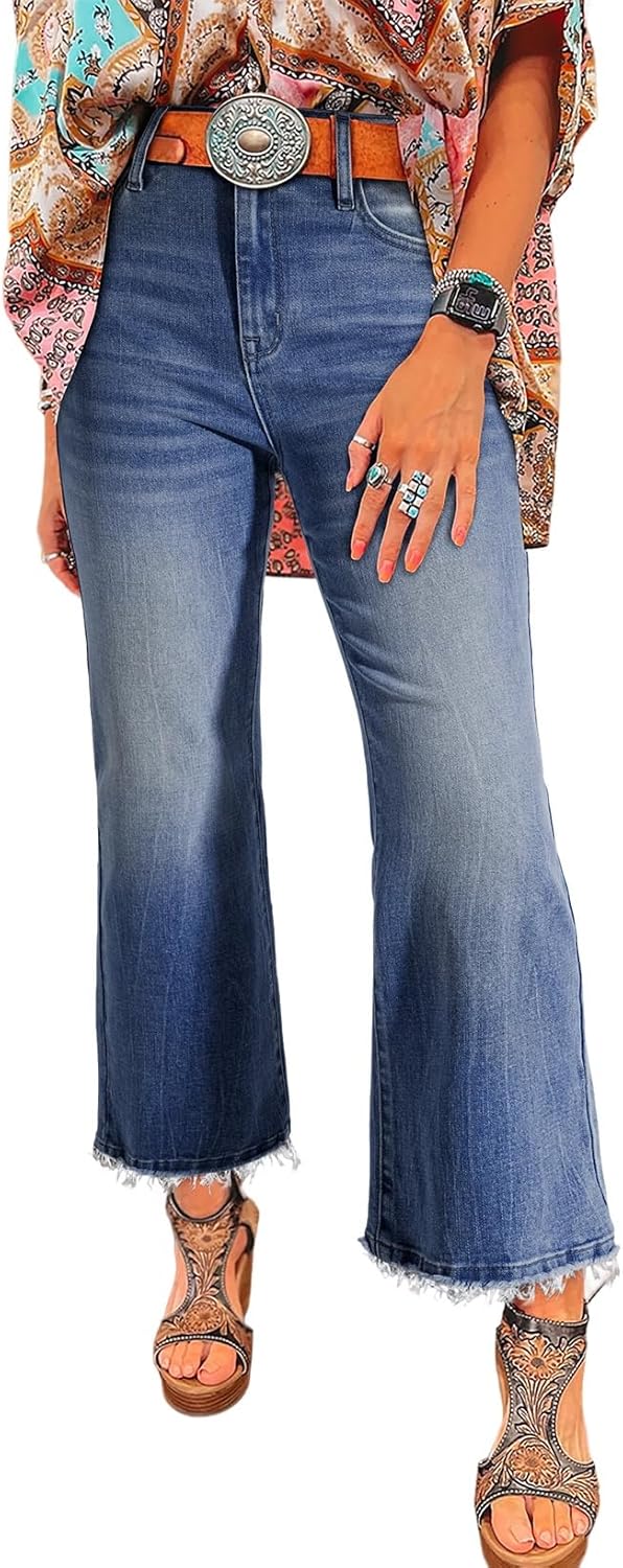 Womens High Waisted Jeans Stretchy Flared Straight Leg Loose Trendy Raw Hem Denim Pants