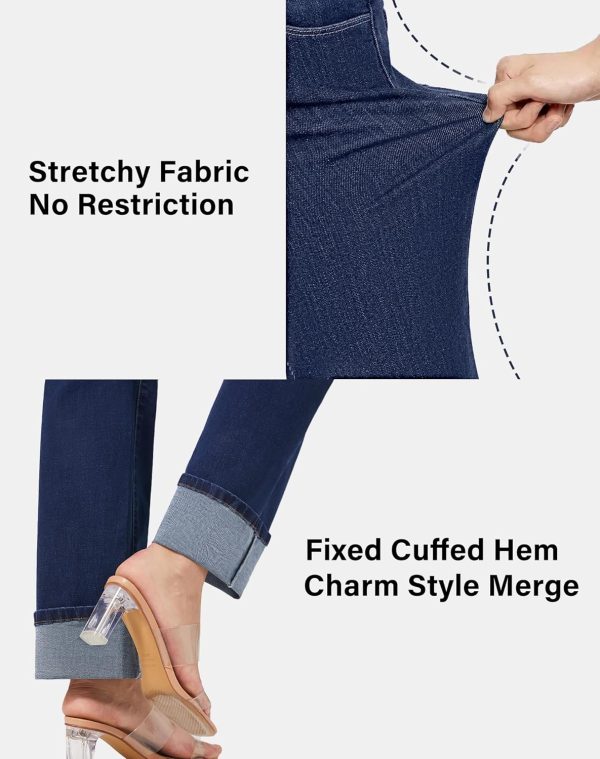 Women’s Straight Leg Jeans High Waisted Boyfriend Stretchy Cuffed Denim Pants