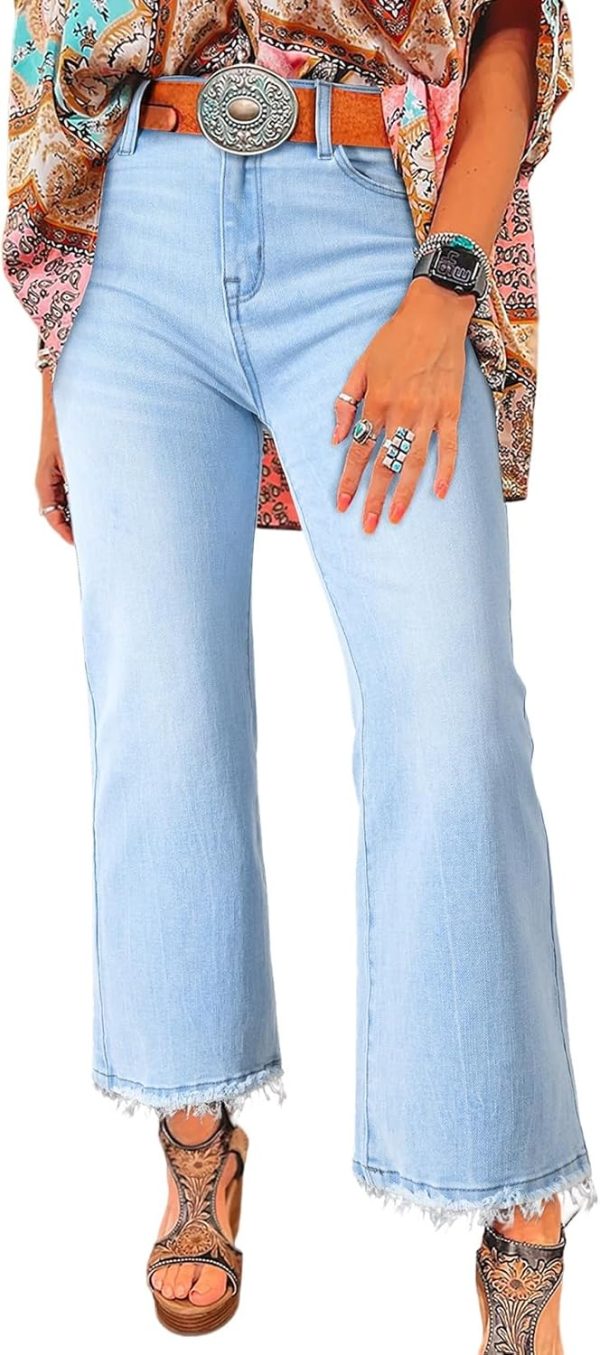 Womens High Waisted Jeans Stretchy Flared Straight Leg Loose Trendy Raw Hem Denim Pants