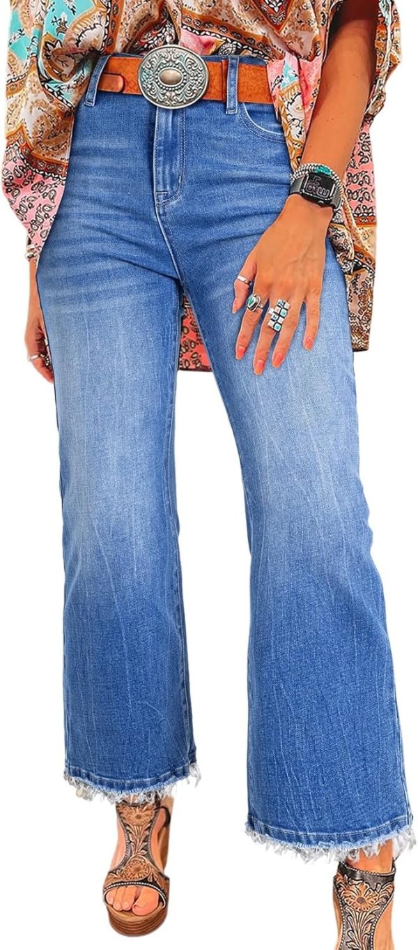 Womens High Waisted Jeans Stretchy Flared Straight Leg Loose Trendy Raw Hem Denim Pants