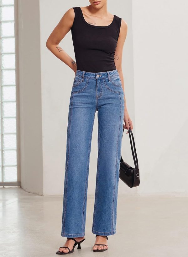 Women's Wide Leg Jeans High Waisted Stretchy Jeans Straight Leg Trendy Patchwork Loose Fit Denim Pants