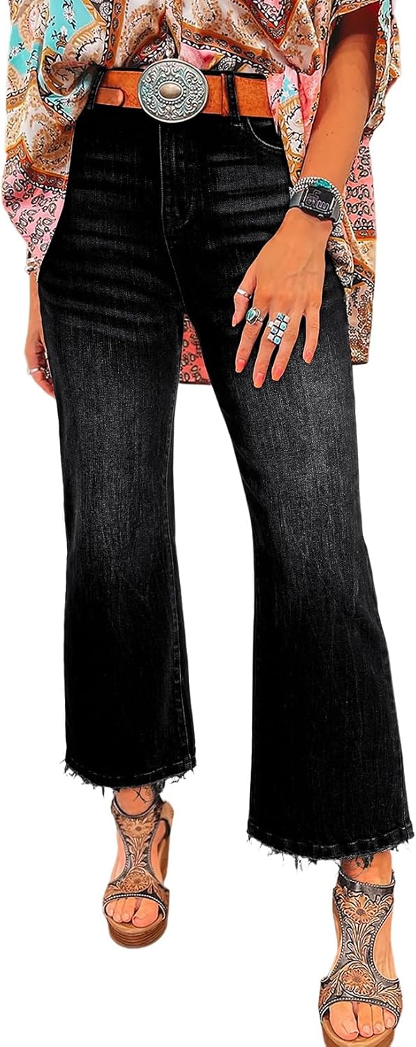 Womens High Waisted Jeans Stretchy Flared Straight Leg Loose Trendy Raw Hem Denim Pants
