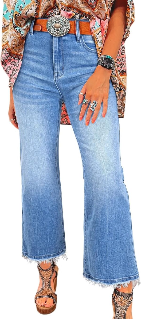 Womens High Waisted Jeans Stretchy Flared Straight Leg Loose Trendy Raw Hem Denim Pants