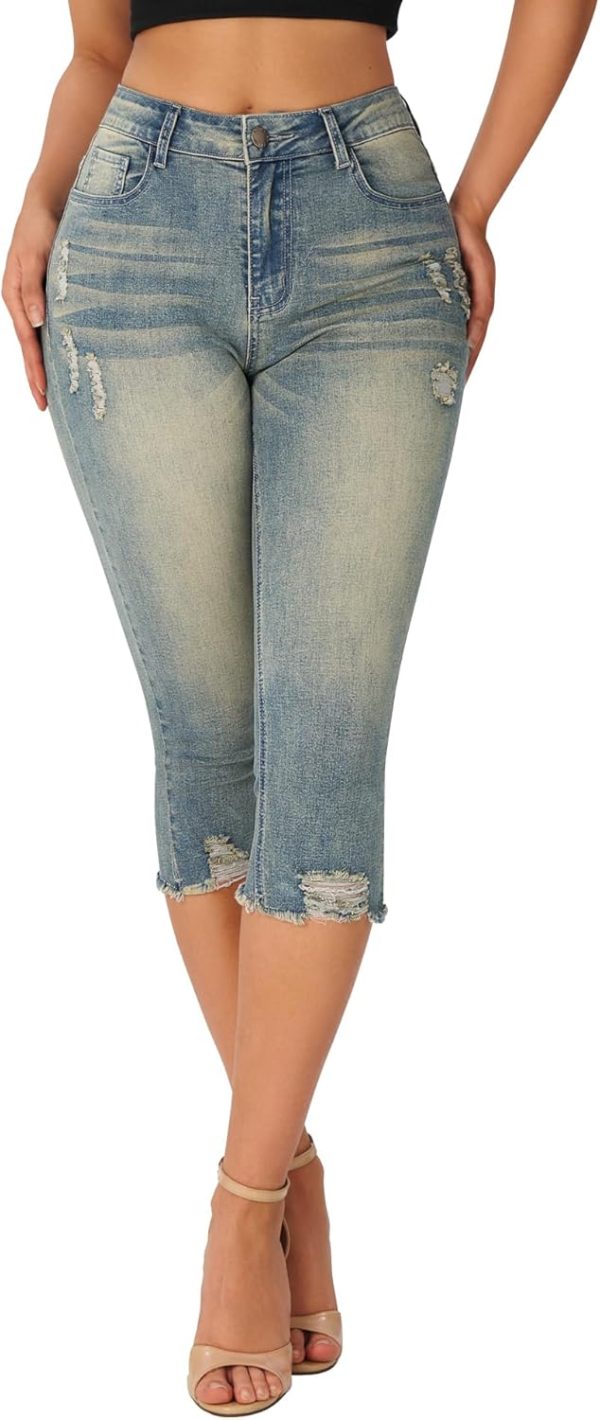 Women's Capri Pants Mid Rise Skinny Ripped Stretchy Cropped Distressed Jeans