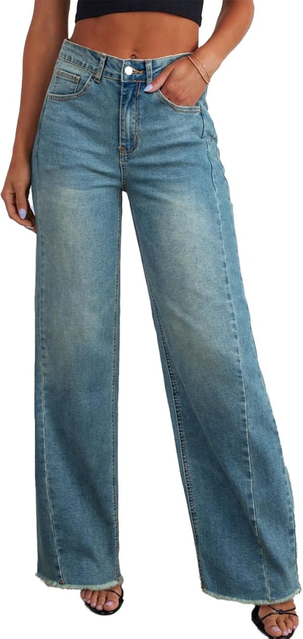 Women's Wide Leg Jeans High Waisted Stretchy Raw Hem Zimbaplatinum Denim Pants