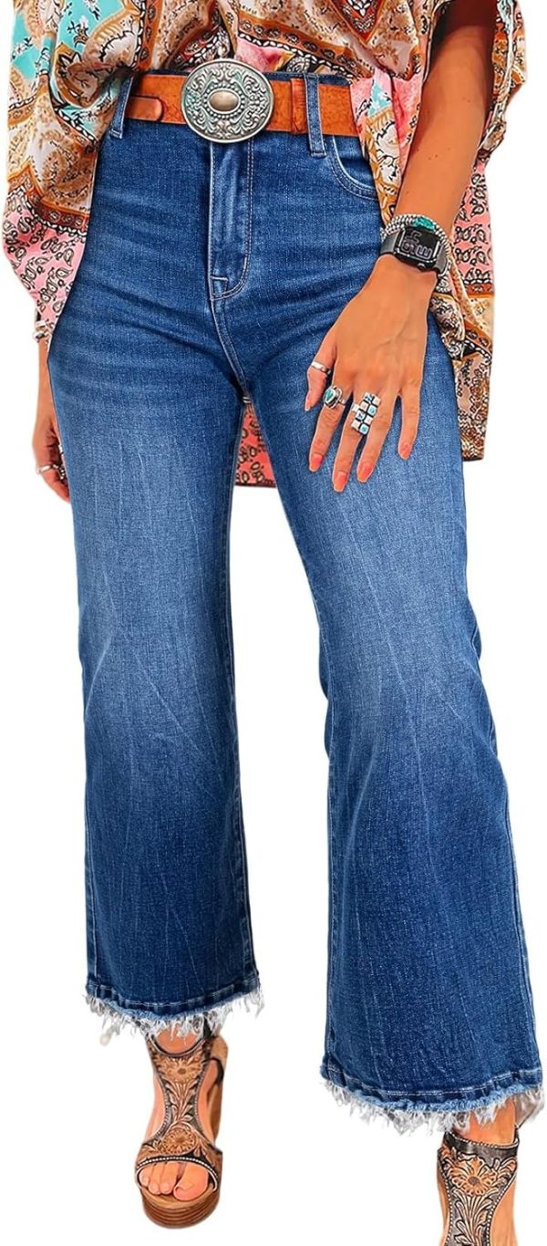 Womens High Waisted Jeans Stretchy Flared Straight Leg Loose Trendy Raw Hem Denim Pants