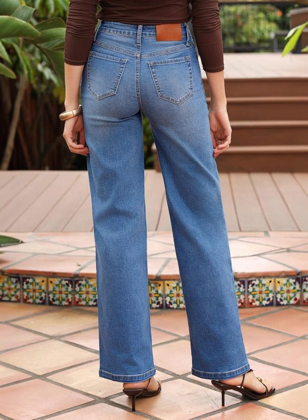 Women's Wide Leg Jeans High Waisted Stretchy Jeans Straight Leg Trendy Patchwork Loose Fit Denim Pants