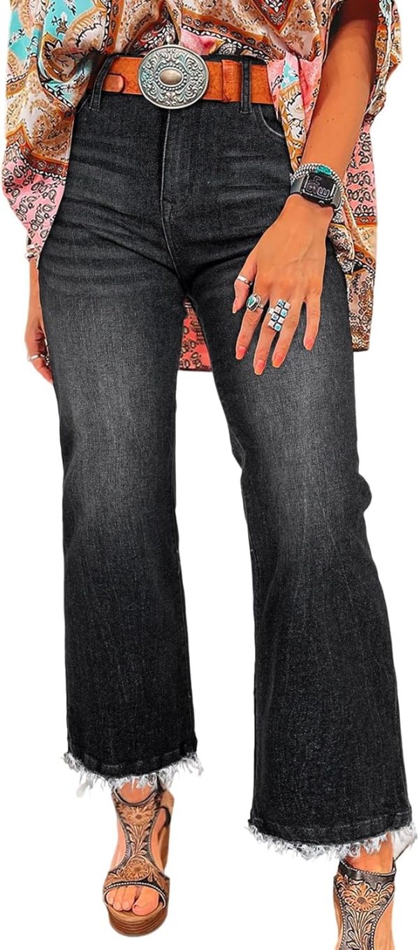 Womens High Waisted Jeans Stretchy Flared Straight Leg Loose Trendy Raw Hem Denim Pants