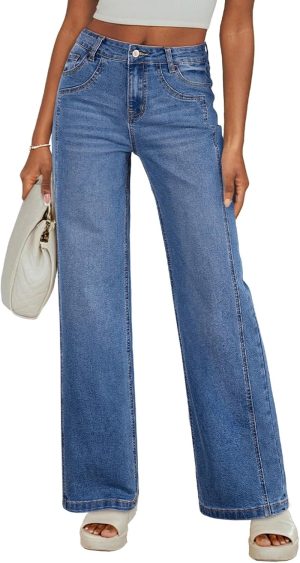 Women's Wide Leg Jeans High Waisted Stretchy Jeans Straight Leg Trendy Patchwork Loose Fit Denim Pants