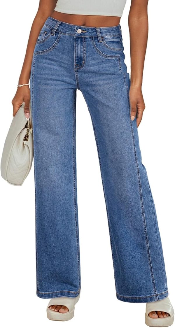 Women's Wide Leg Jeans High Waisted Stretchy Jeans Straight Leg Trendy Patchwork Loose Fit Denim Pants