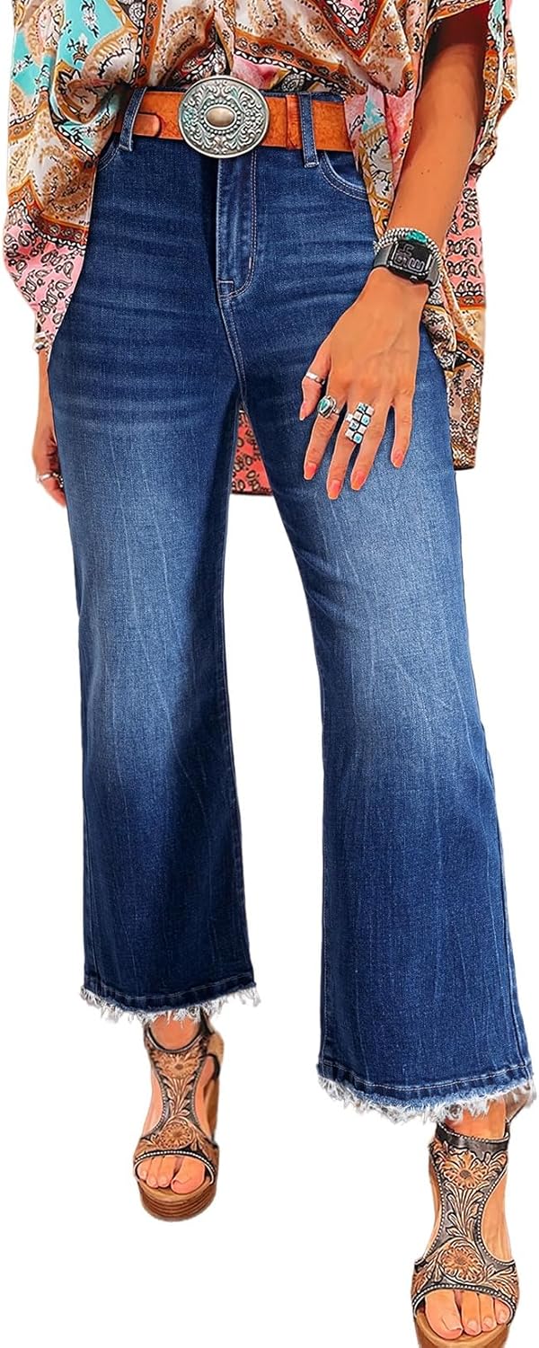 Womens High Waisted Jeans Stretchy Flared Straight Leg Loose Trendy Raw Hem Denim Pants