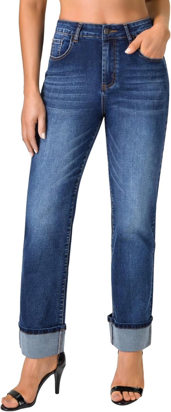 Women’s Straight Leg Jeans High Waisted Boyfriend Stretchy Cuffed Denim Pants