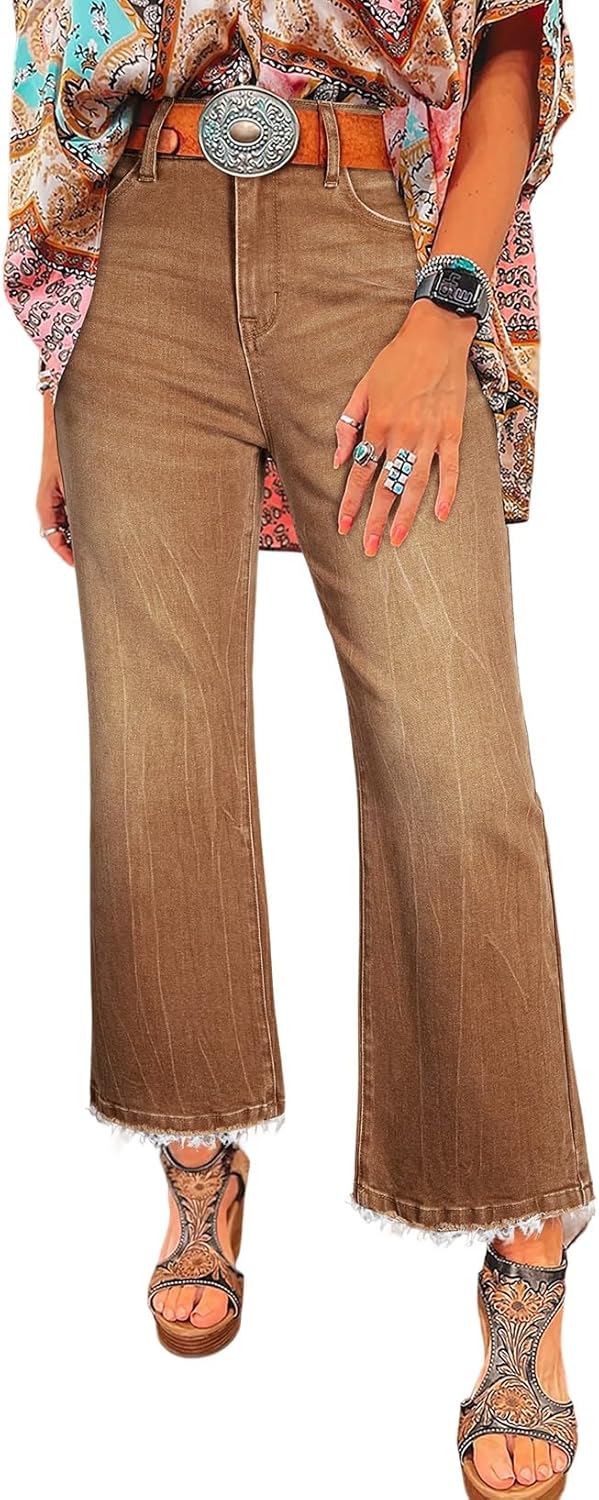 Womens High Waisted Jeans Stretchy Flared Straight Leg Loose Trendy Raw Hem Denim Pants