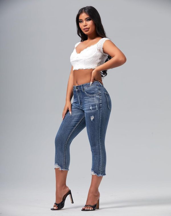Women's Capri Pants Mid Rise Skinny Ripped Stretchy Cropped Distressed Jeans