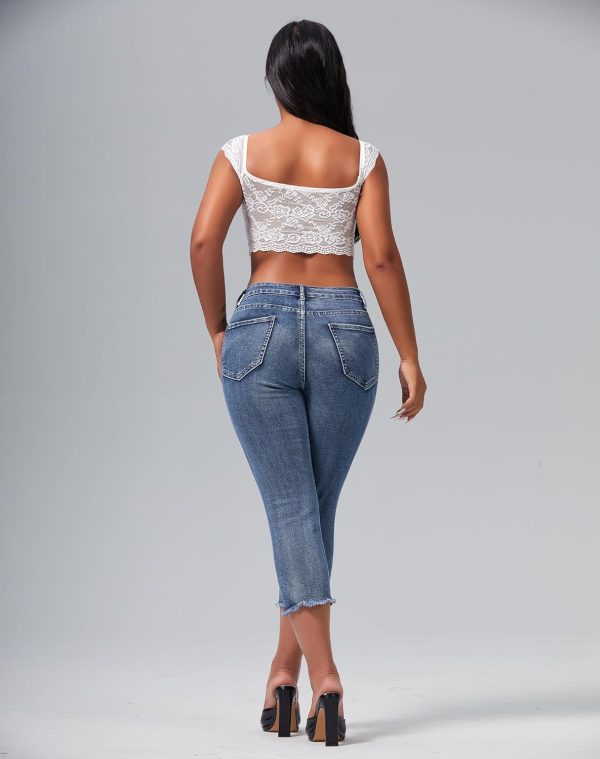 Women's Capri Pants Mid Rise Skinny Ripped Stretchy Cropped Distressed Jeans