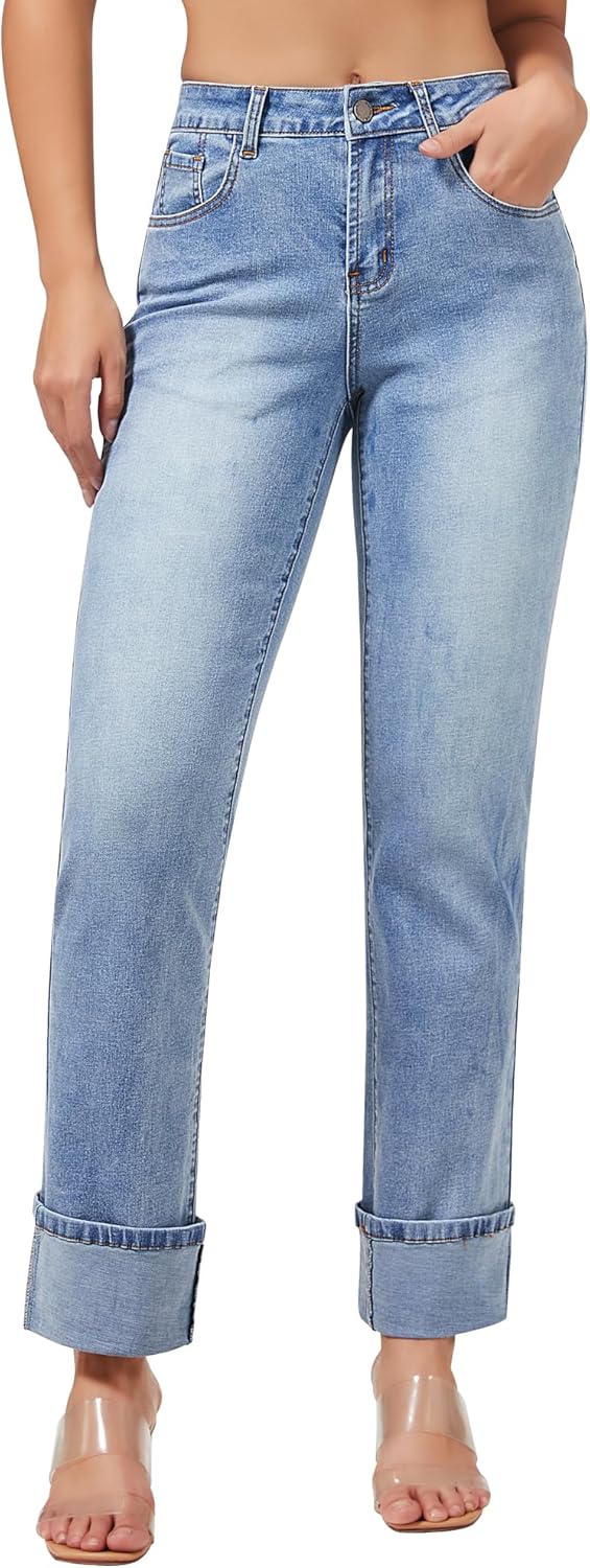 Women’s Straight Leg Jeans High Waisted Boyfriend Stretchy Cuffed Denim Pants