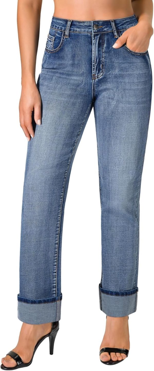 Women’s Straight Leg Jeans High Waisted Boyfriend Stretchy Cuffed Denim Pants