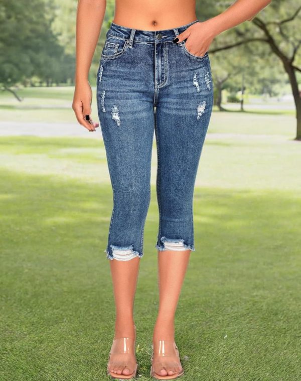 Women's Capri Pants Mid Rise Skinny Ripped Stretchy Cropped Distressed Jeans