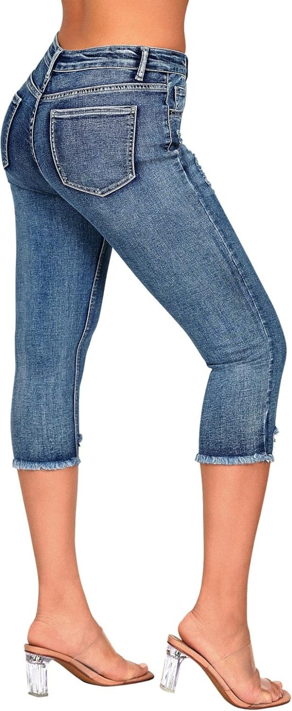Women's Capri Pants Mid Rise Skinny Ripped Stretchy Cropped Distressed Jeans
