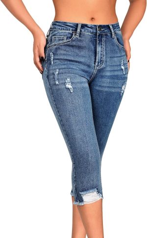 Women's Capri Pants Mid Rise Skinny Ripped Stretchy Cropped Distressed Jeans