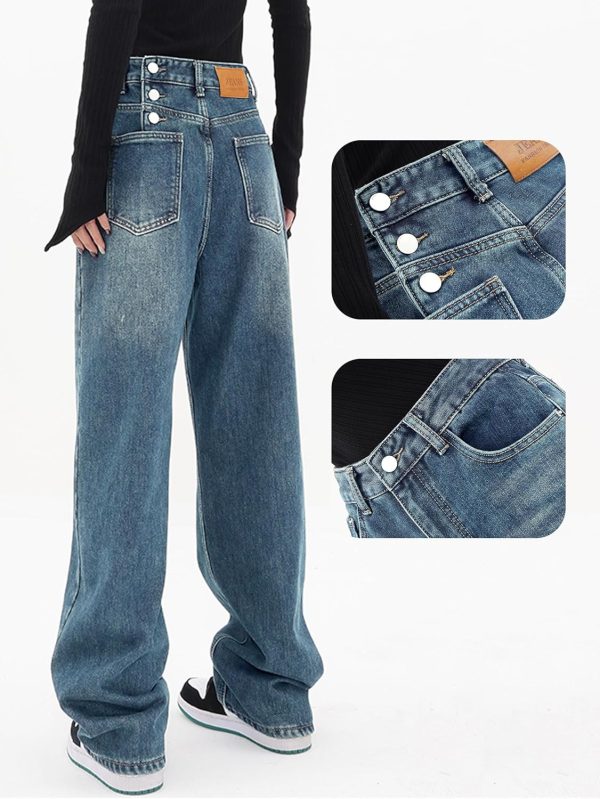 Women Baggy Jeans Mid-Low Waist Boyfriend Streetwear Vintage Jeans Wide Leg Denim Pants