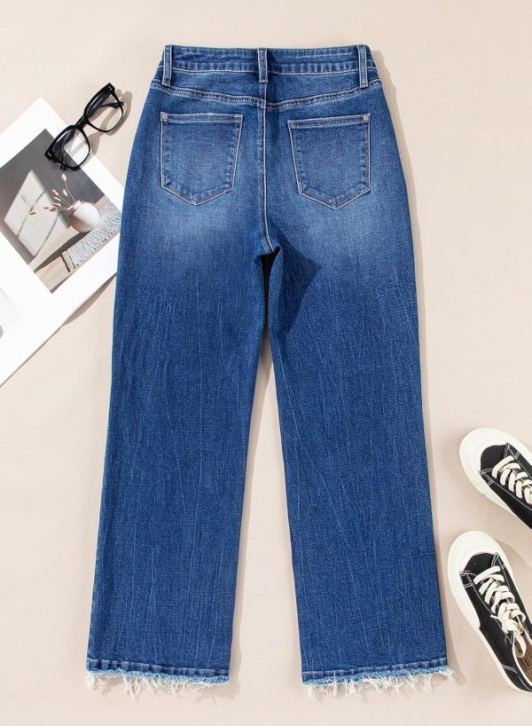 Womens High Waisted Jeans Stretchy Flared Straight Leg Loose Trendy Raw Hem Denim Pants