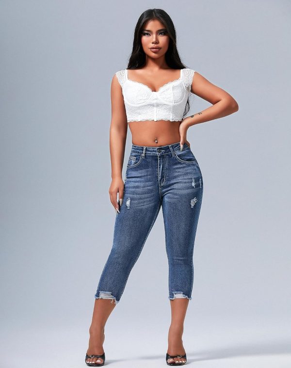 Women's Capri Pants Mid Rise Skinny Ripped Stretchy Cropped Distressed Jeans