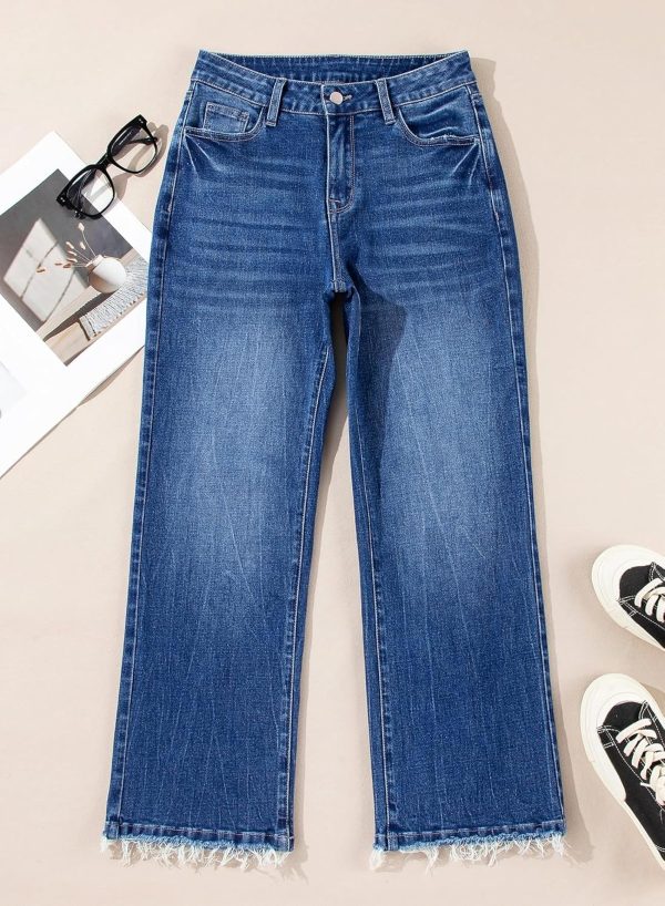Womens High Waisted Jeans Stretchy Flared Straight Leg Loose Trendy Raw Hem Denim Pants