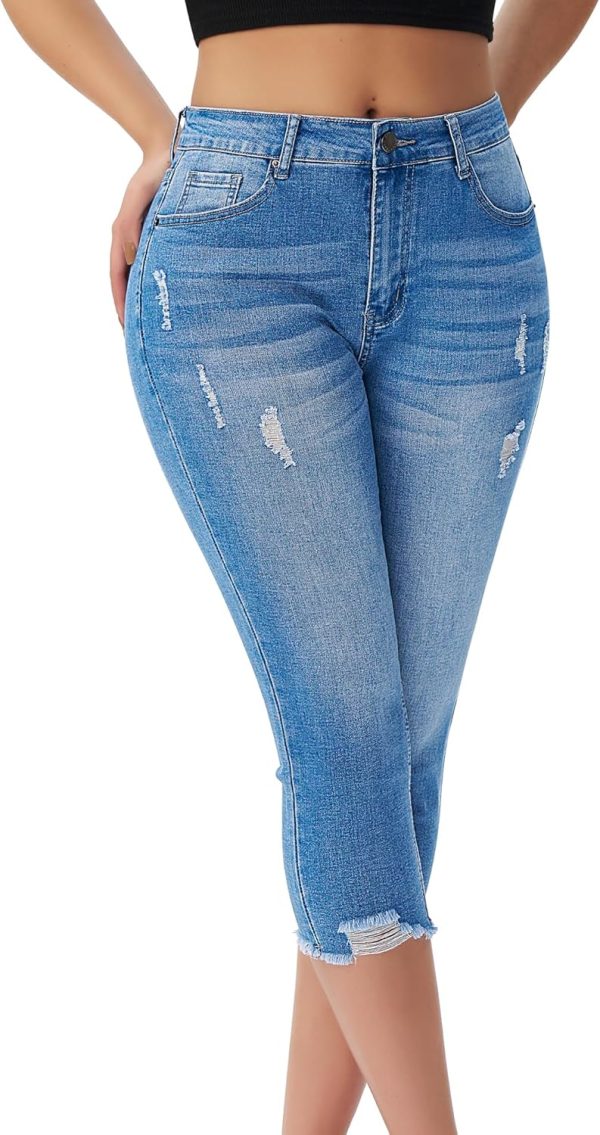 Women's Capri Pants Mid Rise Skinny Ripped Stretchy Cropped Distressed Jeans