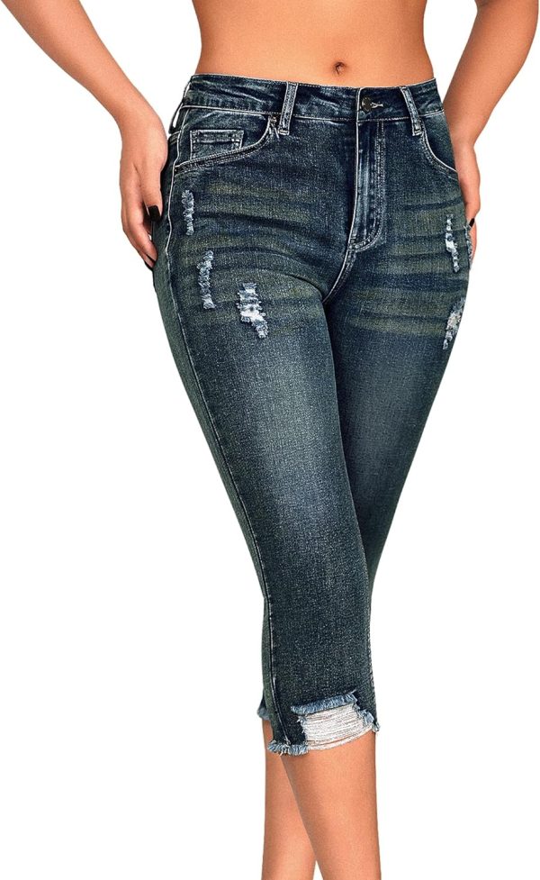 Women's Capri Pants Mid Rise Skinny Ripped Stretchy Cropped Distressed Jeans